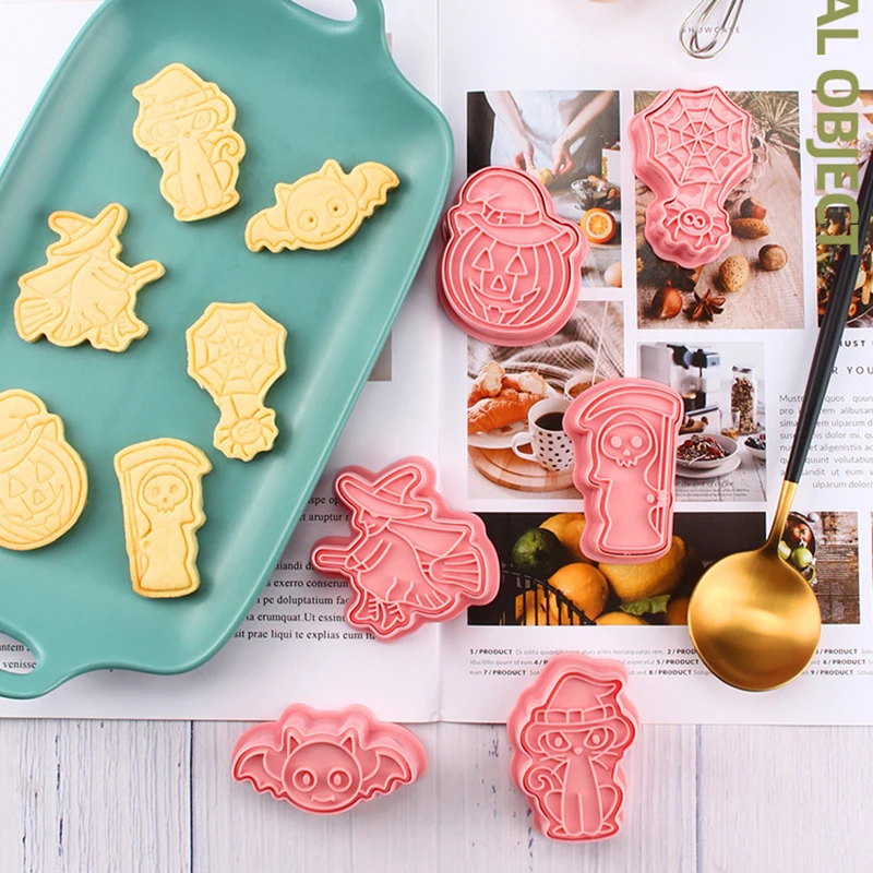 8pcs/set Cartoon Halloween Biscuit Mould Halloween Bat Pumpkin Witch Cookie Cutting Mold Cake Cutter Halloween Party Baking