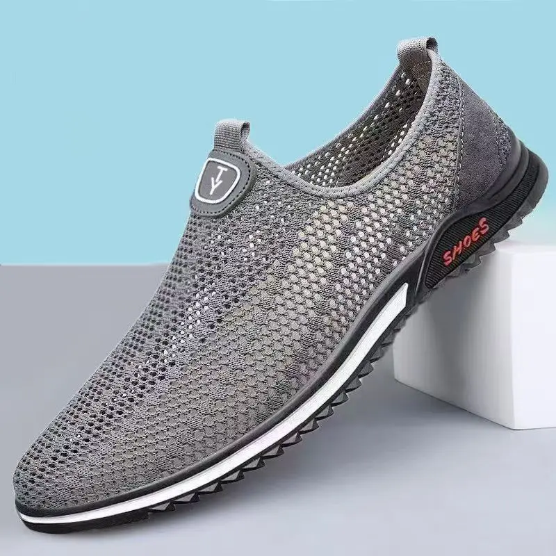 Men's New Summer Mesh Hollow Out Flat Sole Shoes Soft Sole Non Slip Low Top Slip On Lightweight Elderly Walking Shoes Sandals