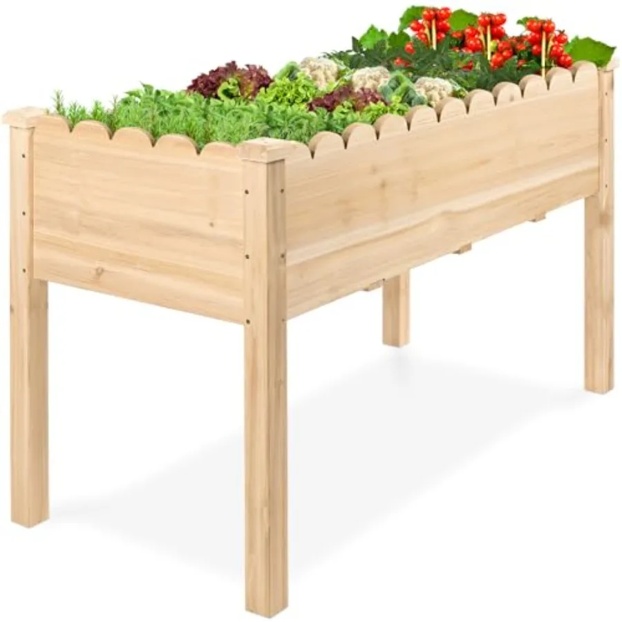 Raised Garden Bed, Scalloped Design, Elevated Wood Planter Box Stand for Backyard, Patio, Balcony with Bed Liner, 48 x 24 x 30