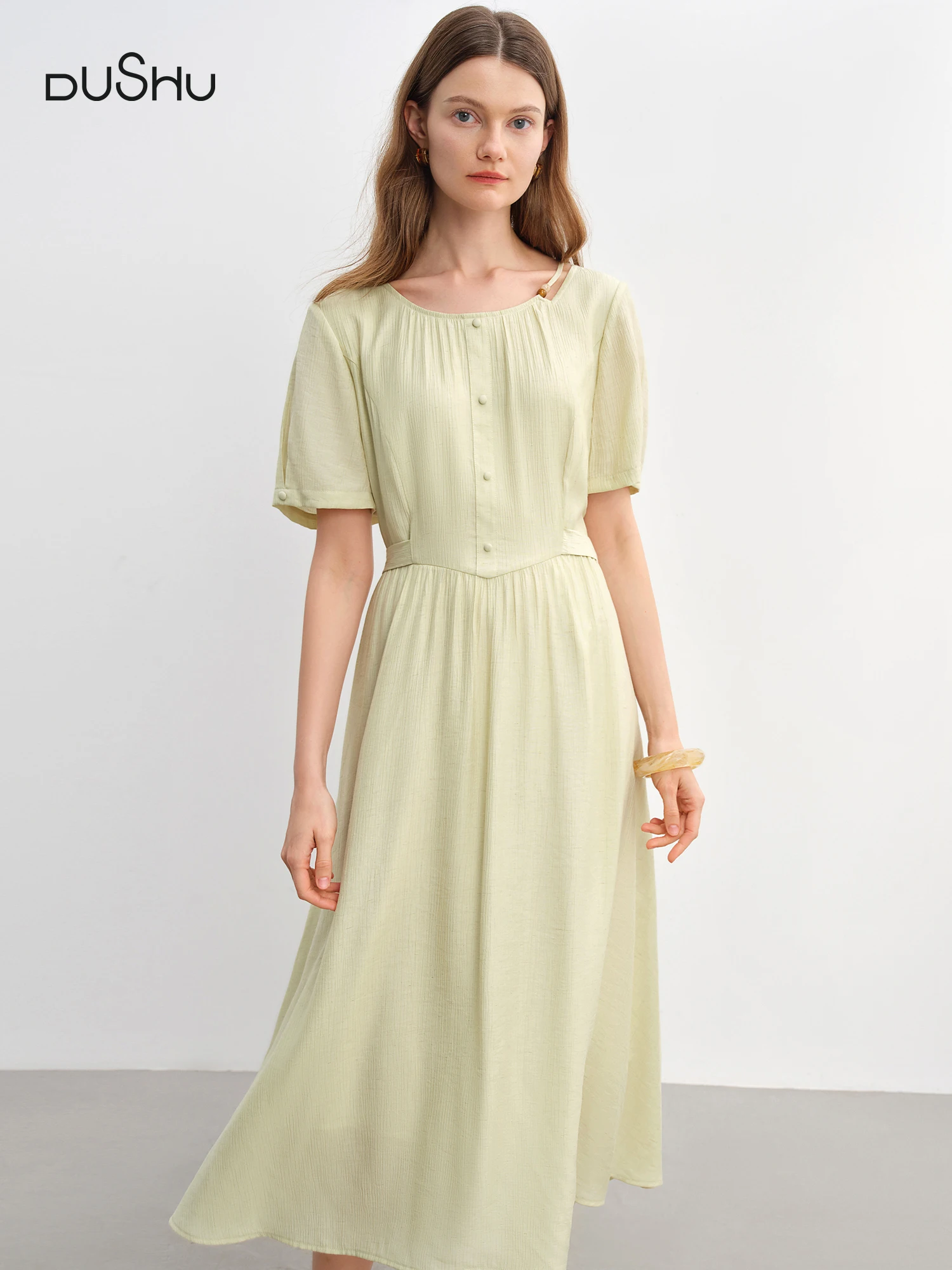 

DUSHU Commuter Simple Dress 2025 Summer New Beaded Round Neck Tie Waist Slim MIdi-length Dress 25DS82976