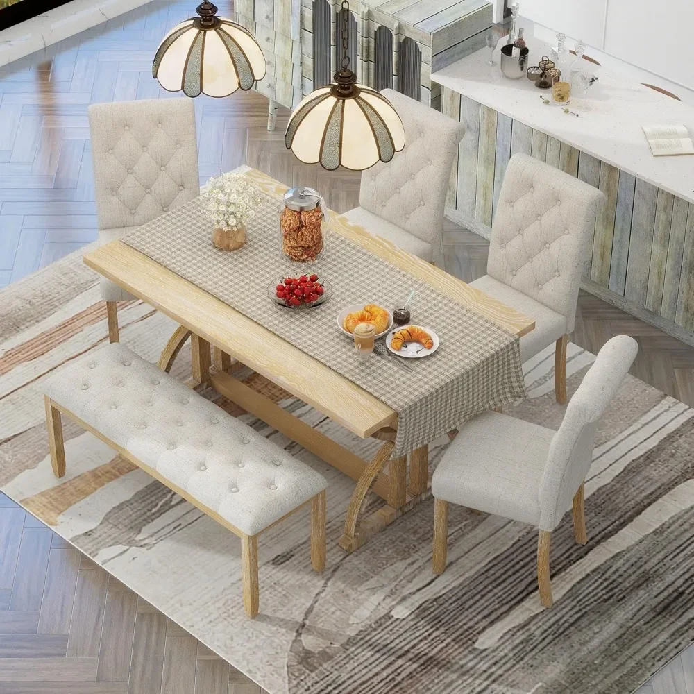 6 Pieces Wood Dining Table Set with Bench, Retro Rectangular Table with Unique Legs and 4 Upholstered Chairs & 1 Bench