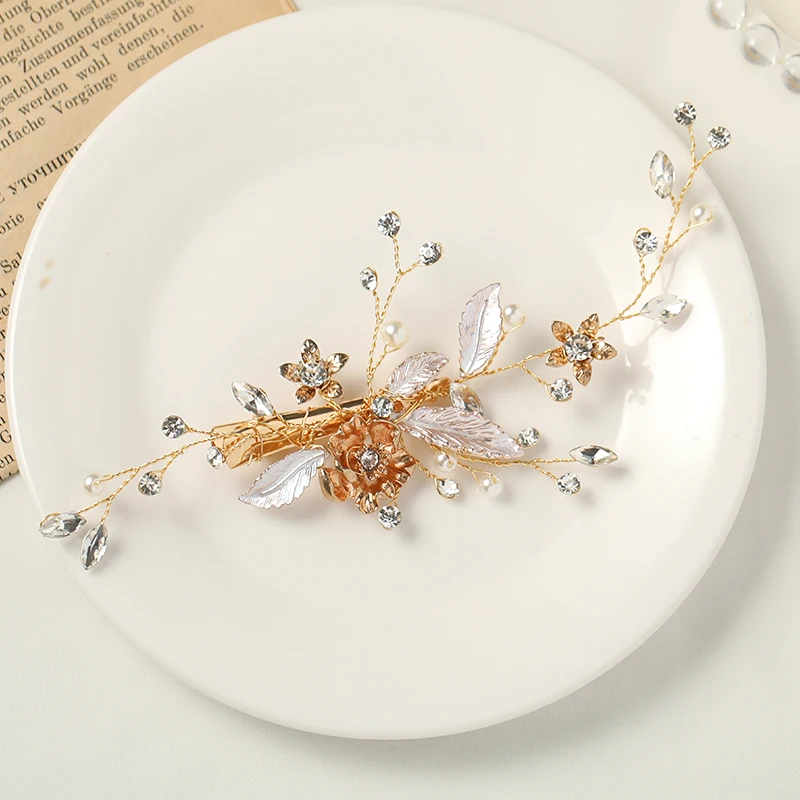 Trendy Gold And Silver Color Women\'s Wedding Hairpin Headwear Pearl Rhinestone Hair Accessories Bridal Handmade Headband Tiara