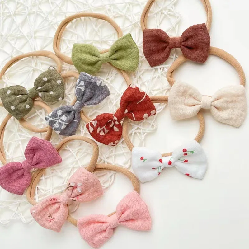 

20 PCS/Lot, 2.5 inch Mini Cotton Fabric Bow Nylon Headbands Baby Shower Gift Kids Girls Hair Accessories