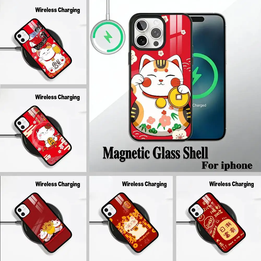 

Maneki Neko Lucky Money Cat Wireless charging phone case compatible with iPhone 17/16/15/14/13/12/11