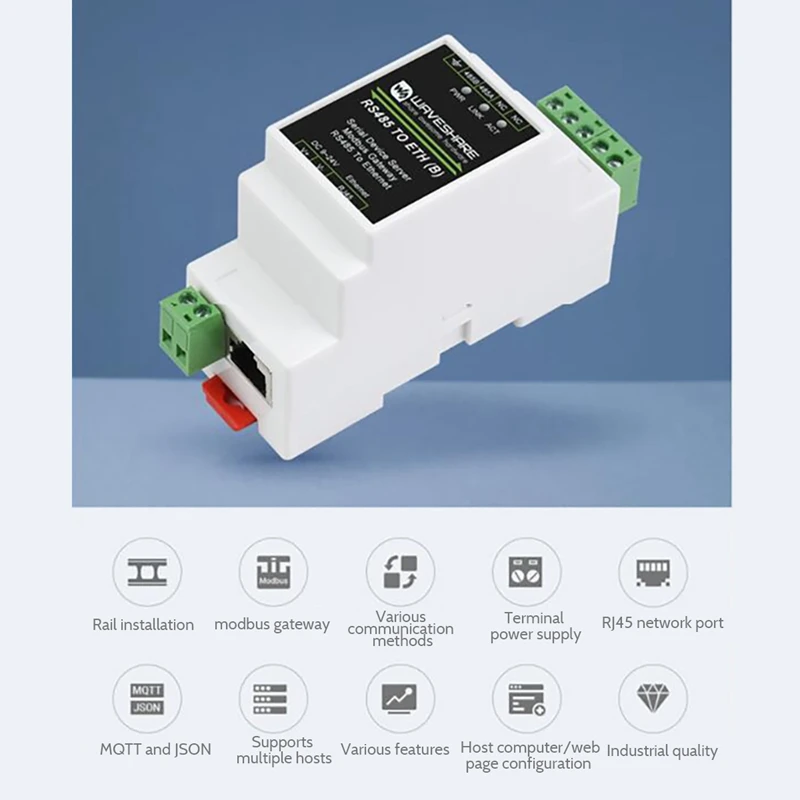 Waveshare RS485 Serial Port Server RS485 To RJ45 Ethernet TCP/IP To Serial Port Module Rail Type Serial Port Server