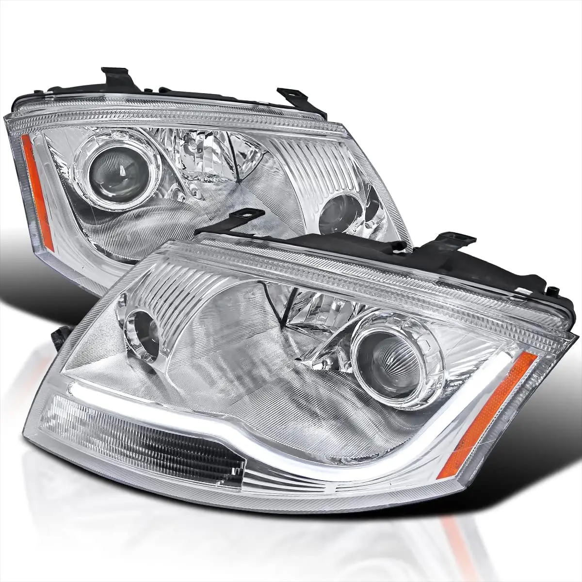 Chrome Projector Headlights with LED Light Bar, Left and Right Pair Headlamp Assembly Compatible with 1999-2006 TT (Stock)