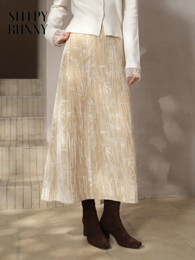 

Elegant Velvet Crinkled Skirt Women High Waist A-Line Midi Skirt Slim Winter Lady Outfit for Commuting New Chinese Style Fashion