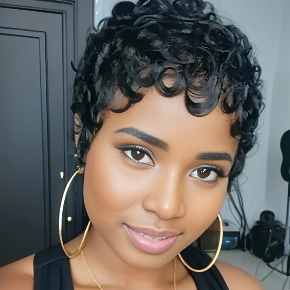 

150% Плотность 6-дюймовый вьющийся парик с стрижкой пикси, короткие парики из натуральных волос для женщин, полный парик машинного производства