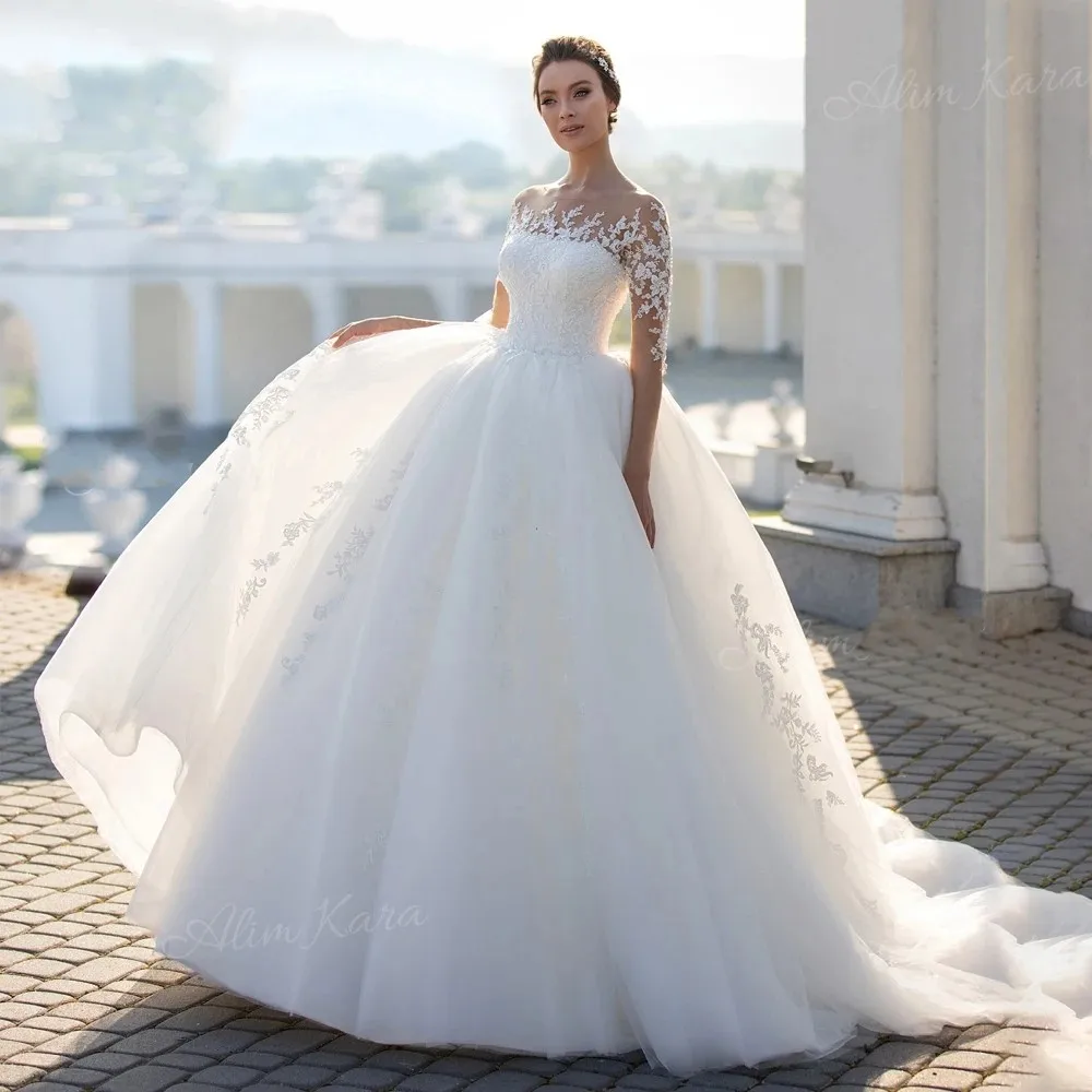 

New Church Wedding Dress 2025 Sheer Neck Appliques Lace Long Sleeves Tulle Bridal Bride Gown Vestido de Noiva Robe Mariage