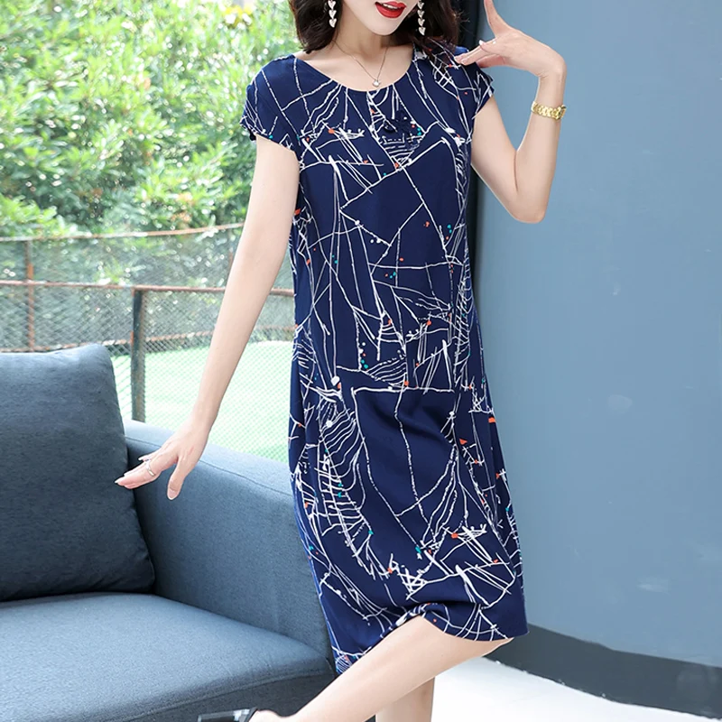 New Hot 2024 Casual Vintage Summer Dress For Women Print Flowers Short Sleeve O-neck Printing Elegant Dresses Women Clothing