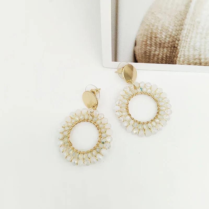 Beaded earrings Circle Retro  Crystal Originality Double-deck Hand knitting Bohemia Alloy Tide Simple Rice bead earrings
