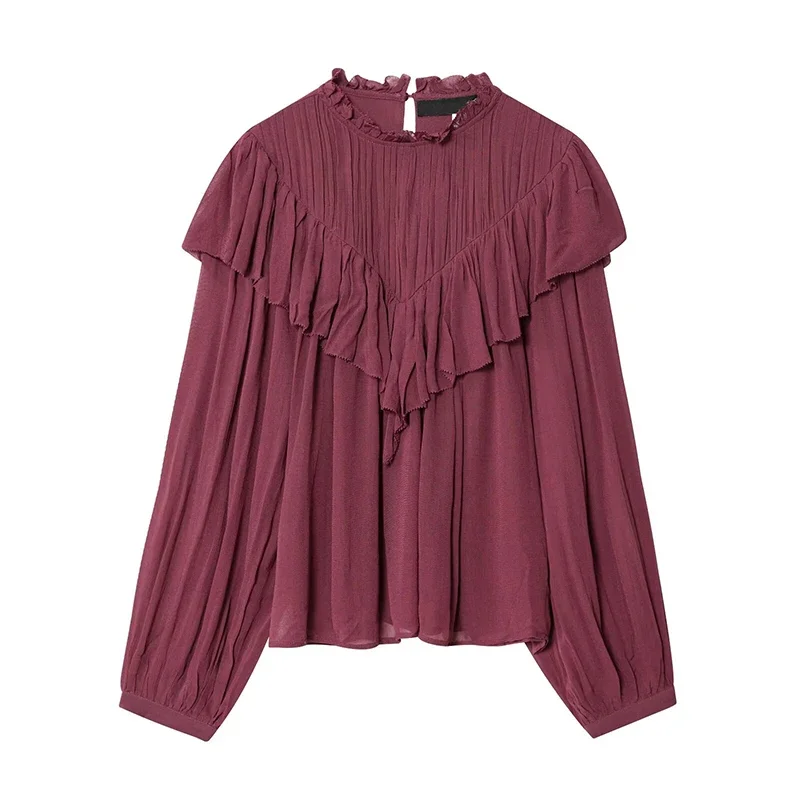 Elegant Wine Red Chiffon Blouse with Ruffle Trim, Long Sleeve Casual Top for Women