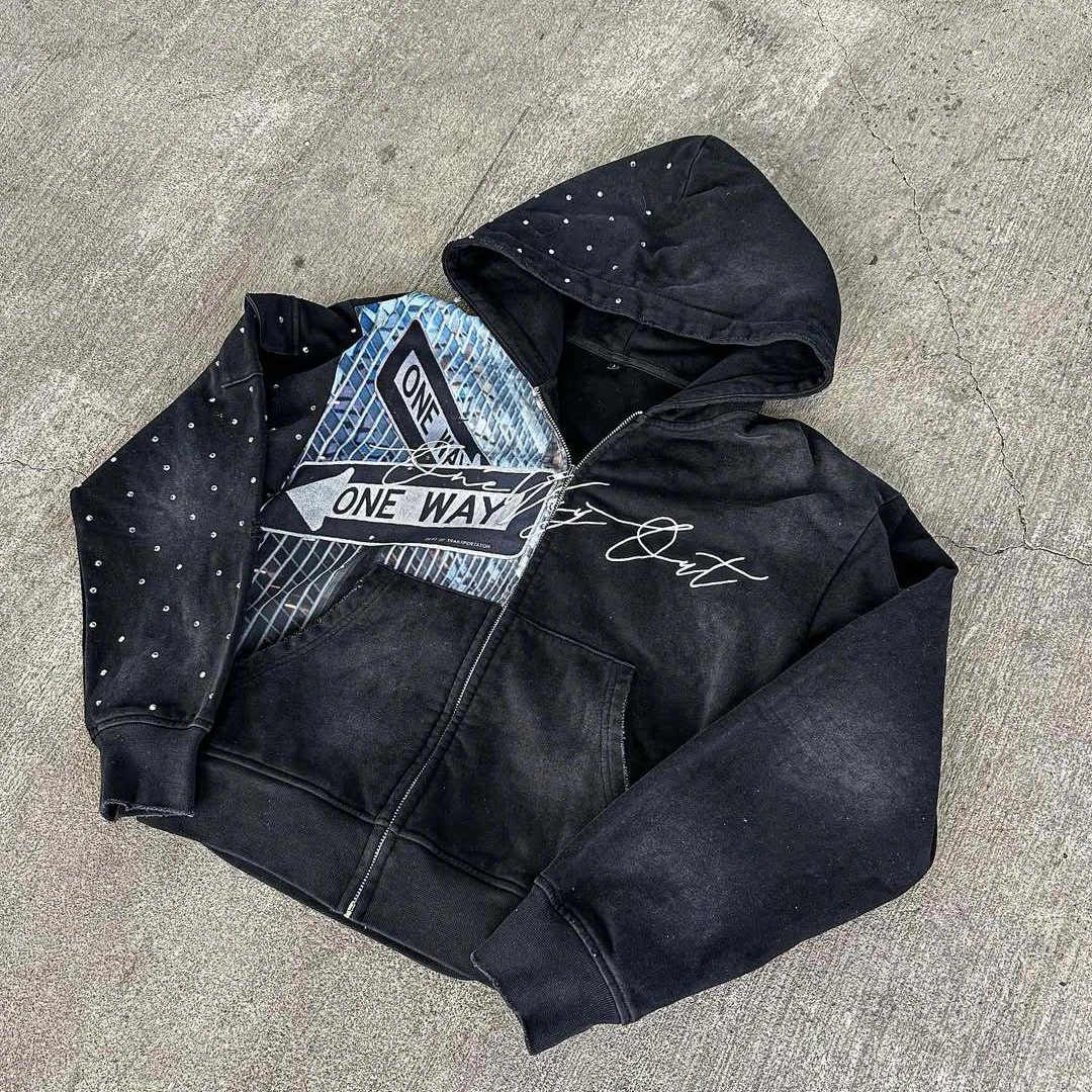Retro Washed Zipper Hoodie with Street Pattern Print and Rhinestone Y2K Hoodie for Spring and Autumn Streets