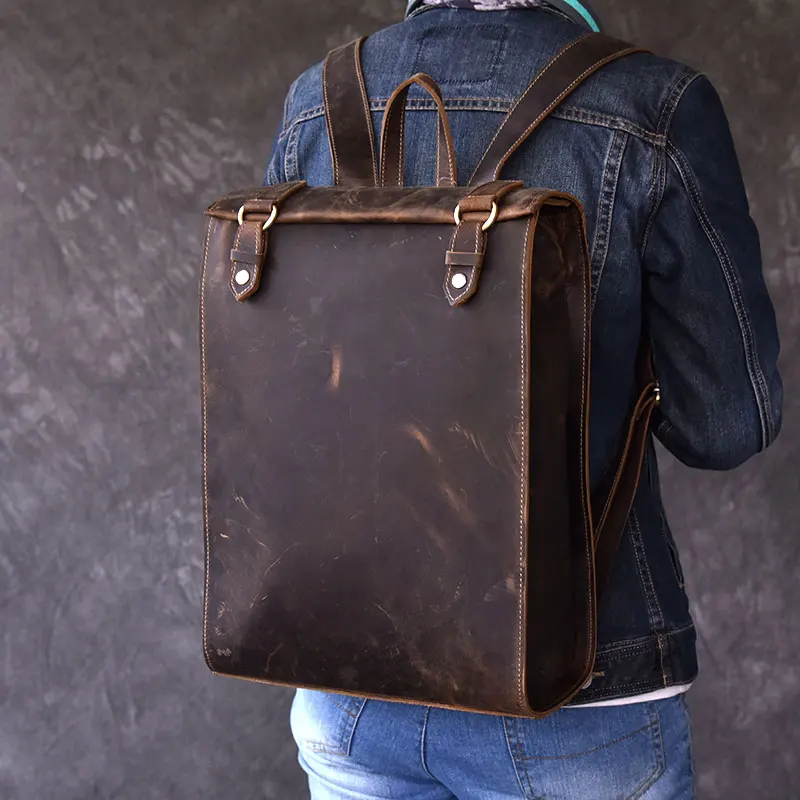 Vintage men's Biker Real leather Backpack 100% Oli Genuine Leather Women Laptop Book Bagpack Backpacks travel Bags Male Rucksack