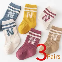 3 Pairs Infants Letter Socks Cotton Knit Soft Cute Toddler Boys Casual Socks Kids Baby Girls Striped Middle Tube Long Socks