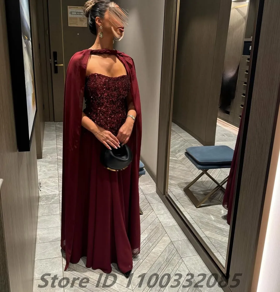 Eightale Burgundy Chiffon A Line Saudi Arabic Evening Dress Cape Sequins Prom Party Dress Women Dubai Formal Gown Customized