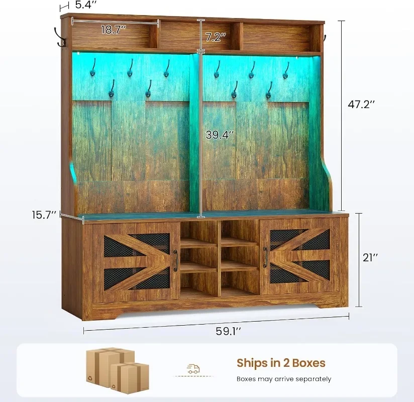 Itaar Hall Tree with Bench and Shoe Storage, 5-in-1 Entryway Bench with Coat Rack, 16 Shoe Cubbies & 12 Coat Hooks, Barn Door &