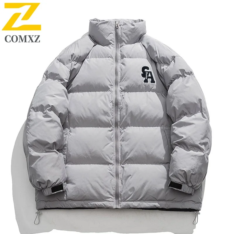 COMXZ スタンドカラーパッド入りメンズ冬新作ストリートウェアレターパッチ刺繍厚手暖かい防寒綿軽量ウインドブレーカー