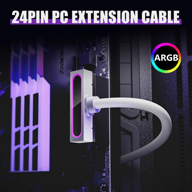 AIJS ATX 24PIN Motherboard Power Extension Cable With ARGB SYNC One-Line Connection PC Power Cord 90° Design