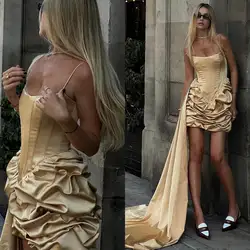 Modern Evening Dresses Spaghetti Straps Short Prom Gowns Sleeveless Satin Solid Color Custom Made Party Dresses