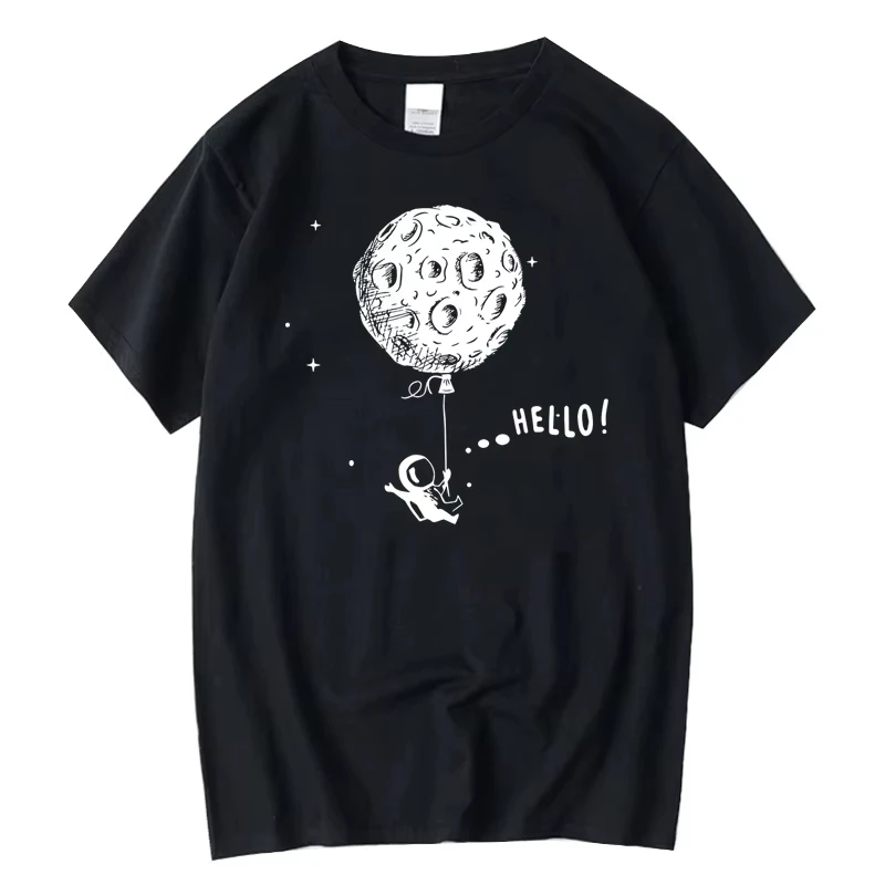 Cute Astronaut Moon Balloon Graphic T‑Shirt Men Women Universe Space Hello Print Casual Short Sleeve Crew Neck Tee