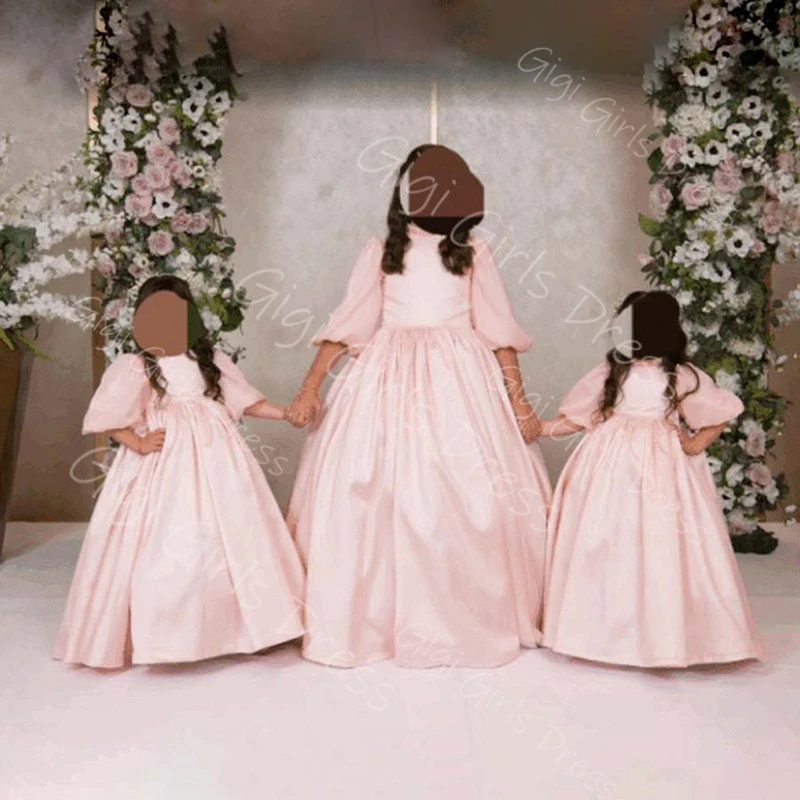 فستان فتاة الزهور الوردي لحفلات الزفاف للأطفال الصغار برقبة عالية وأكمام بالونية ثوب حفلة مطوي من الساتان فستان التواصل الأول مخصص #2