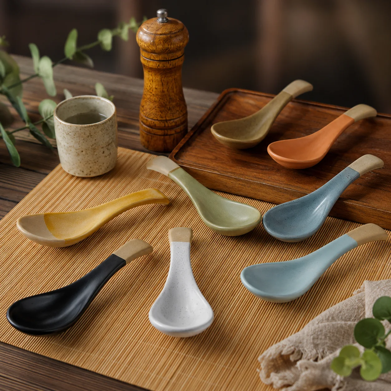 1Pc Retro Two-Color Ceramic Soup Spoon Japanese-Style Coarse Pottery Rice Spoon Multi-Color Household Dining Spoon Kitchen Tableware