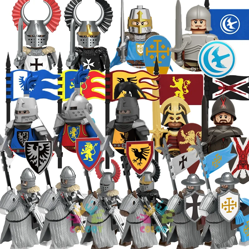 Kids Toys Medieval Knight Soldier Building Blocks Warhorse Cavalry Mini Action Figures Flag Helmet Toys For Kids Christmas Gifts