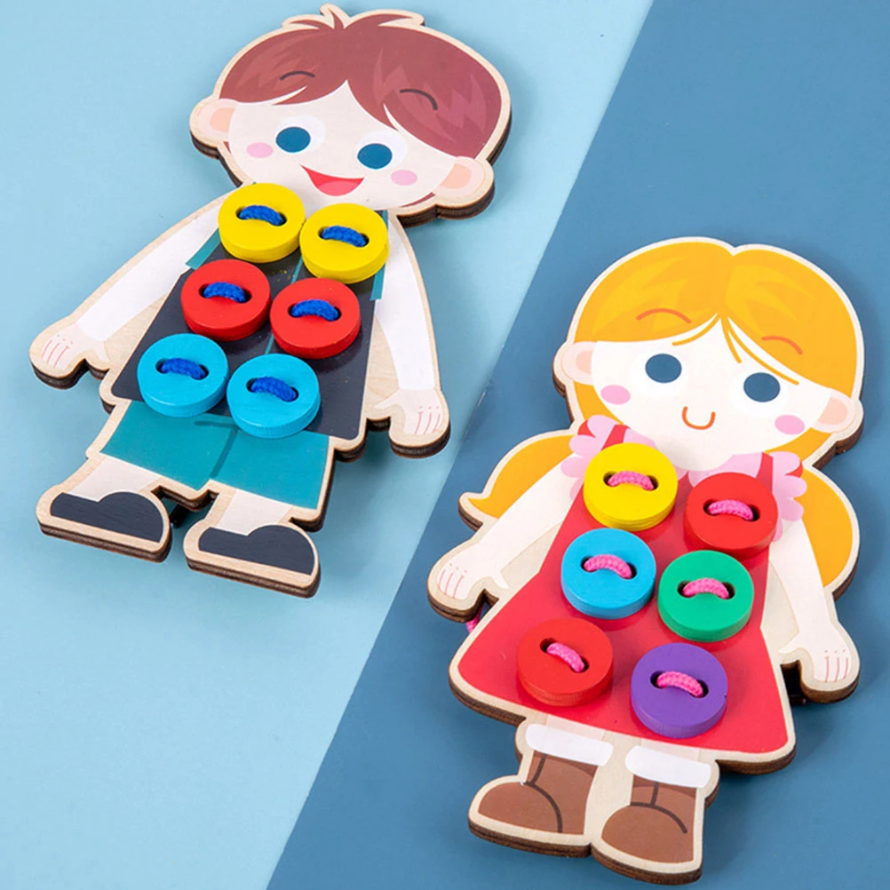 2 pçs laço de madeira crianças botão costura brinquedo educacional pré-escolar threading jogo roupas madeira aprendizagem artesanato