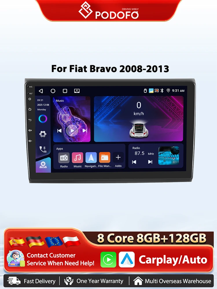 Podofo Android Auto Drahtlose Carplay Auto Radio Für Fiat Bravo 2008-2013 4G WIFI GPS Mirrorlink Auto Multimedia player RDS Radio
