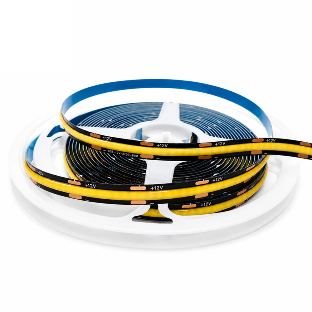12V COB LED Strip Lights Black PCB Board 320LEDs/m RA90 High Density LED Tape Light for Home Living Room Lighting Decoration 5M
