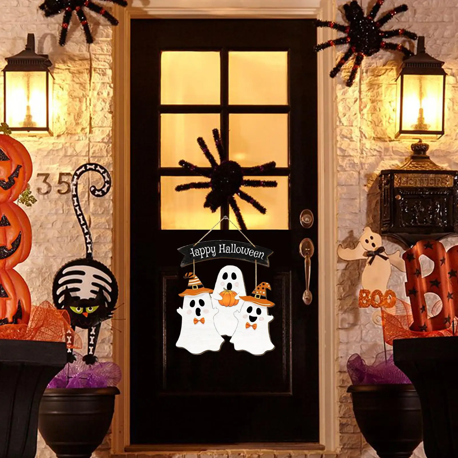 Happy Halloween Door Sign Ghost Porch Sign For Door Decorations Hangable Wooden Decoration For Home Entrance Wall Indoor Outdoor