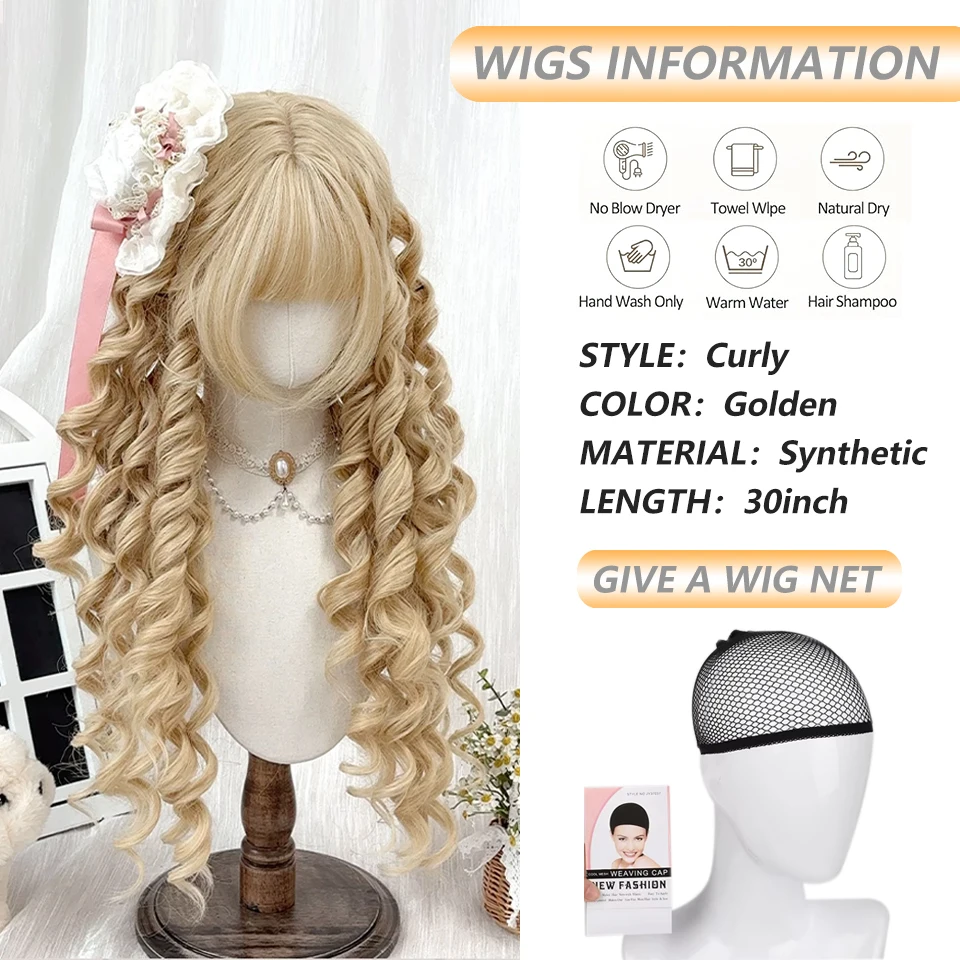 Goldene Tiefwellen-Lolita-Perücke mit Pony, Synthetische Gold-Rosa-Braune Lange Lockige Cosplay-Perücke für Frauen, Halloween-Party und Alltag – Detail 2