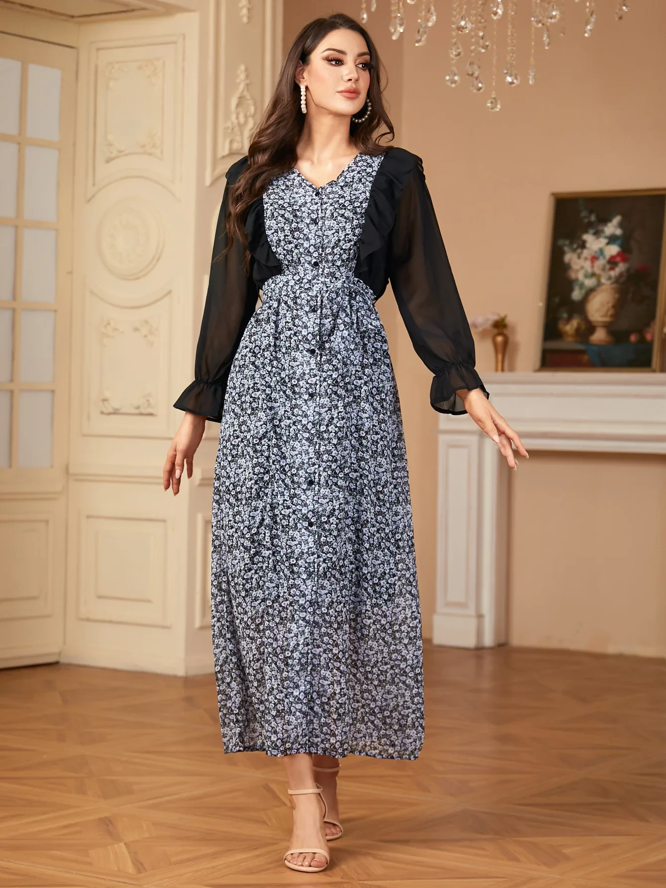 Marokko Bloemenprint Abaya voor Vrouwen Moslim Lange Jurk Chiffon Femme Vestidos Islam Gekleed Dubai Abaya Turkije Kaftan Caftan