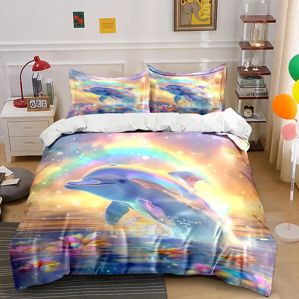 Dolphin leaping with rainbow Print Bedding Set 1 Duvet Cover 2 Pillowcases for Adult and Children Luxury Gift Full Size