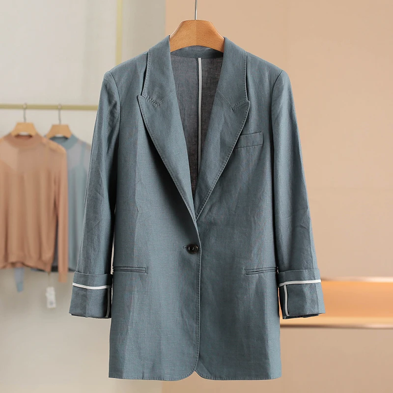 

Linen Color Block One Button Split Suit Jacket Women's Casual Commute Interview Office Regular Fit Nine Sleeve Length