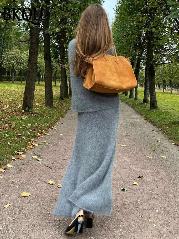 BKQU Elegant Solid Mohair Skirt Sets Women Autumn Winter Knit V Neck Pullover Sweater and Loose Long Skirt Fashion Two-piece Set