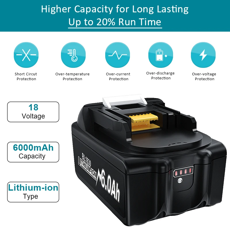 For Makita 18V 6.0Ah BL1860 LXT Lithium ion Battery + Charger BL1830 BL1850 BL1840 BL1840B BL1830 BL1830B BL1815B Battery