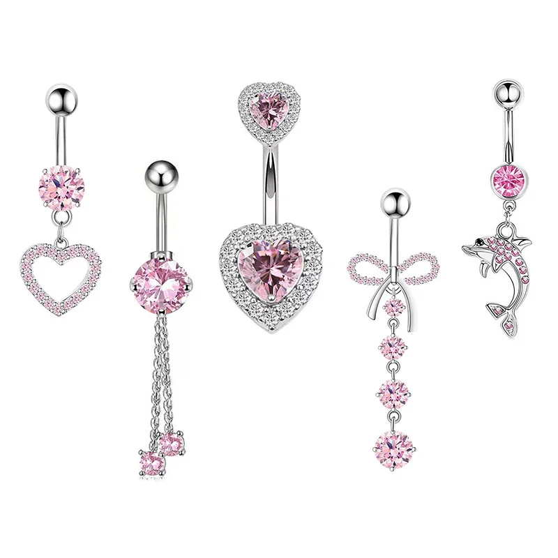 1 Uds. Anillos para ombligo con corona rosa, joyería de acero inoxidable, Piercing para ombligo con forma de corazón, barra de cristal, bonitos anillos para el vientre para mujeres y niñas