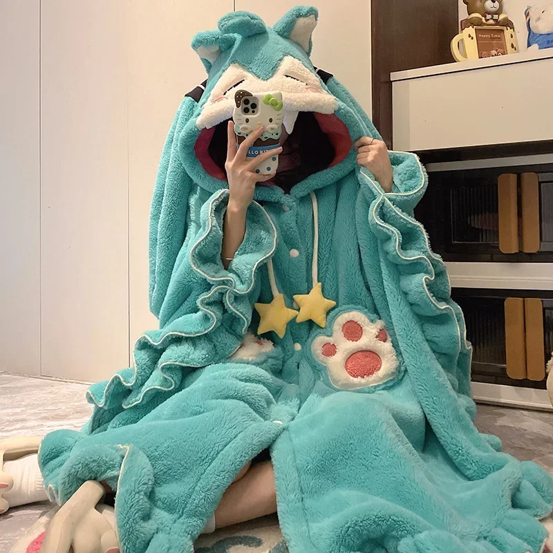 

New Sweet Cute Hatsune Miku Anime Women Hooded Robe Cartoon Thickened Plush Shawl Cape Pajamas Winter Warm Comfortable Homewear