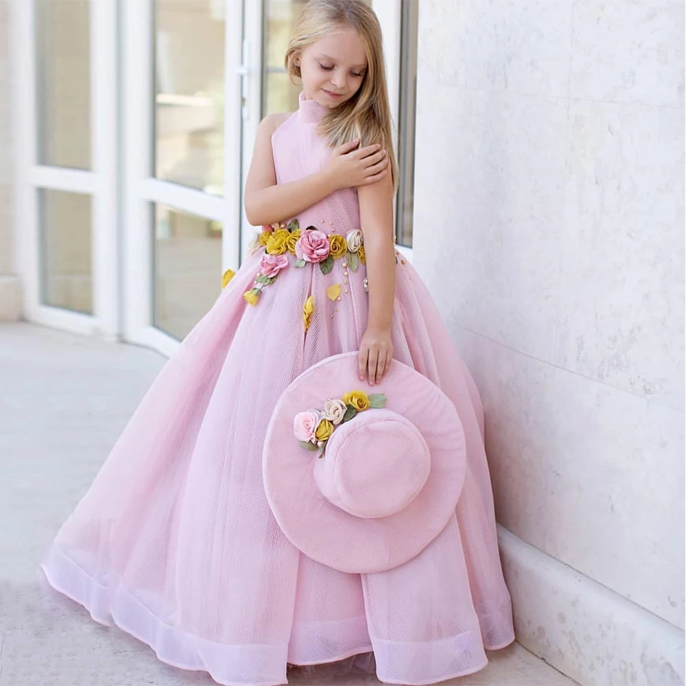 Vestidos de flores rosas para niña, cuello alto sin mangas, vestido de baile largo hasta el suelo, fiesta de desfile de bebé para cumpleaños