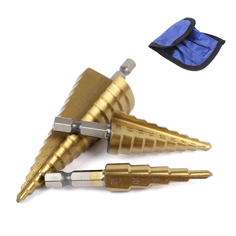 

Brocas Para HSS Straight Groove Step Drill Bit Cutter Setp Titane Metal Laque Hex Intensifie Meches Power Drilling Tools Set