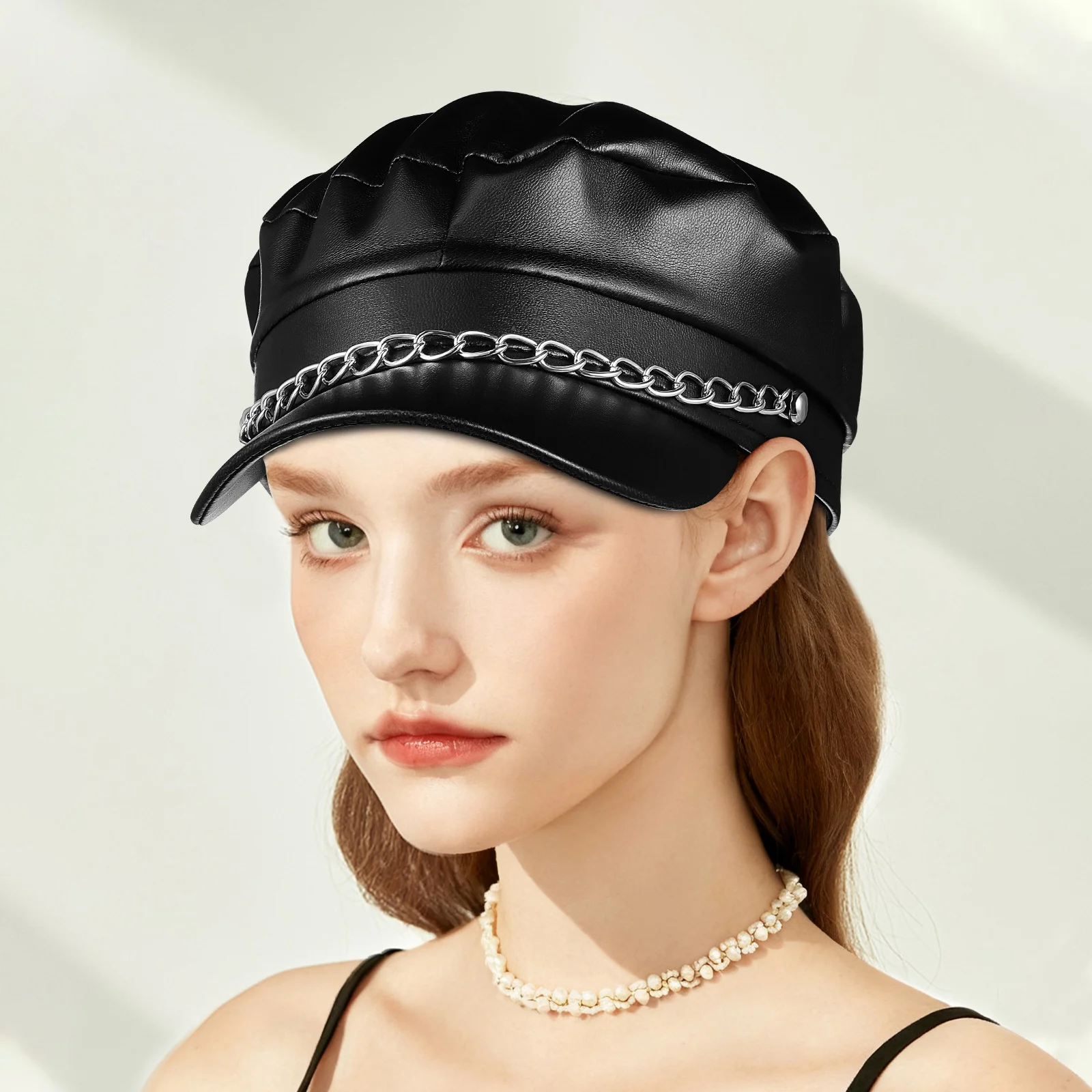 

Black PU Chain Sailor Hat Vintage Flat Top Short Brim Fashionable Retro Captain Costume Newsboy Beret Fisherman Party