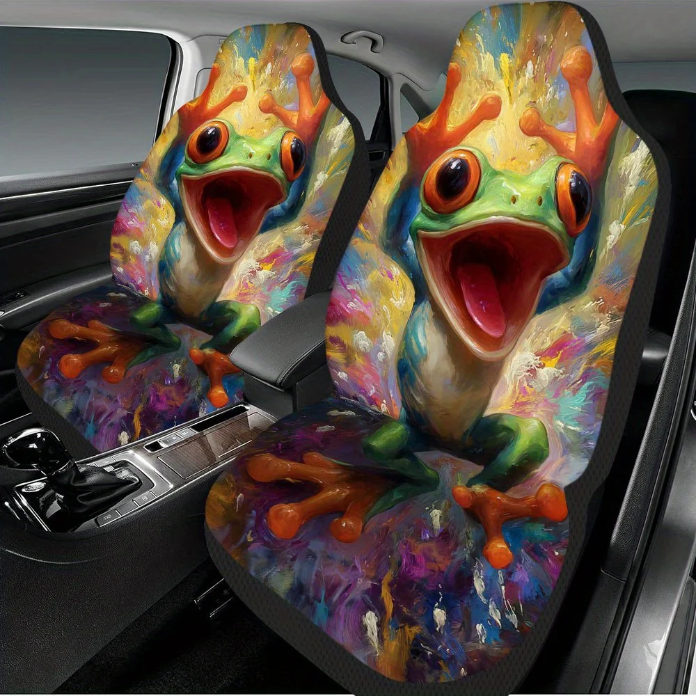 2pcs Joyful Vibrant Frog Splash Themed Car Seat Cover Set – Universal Fit, Durable And Stylish Full Set Of Front Seat Covers, Hi