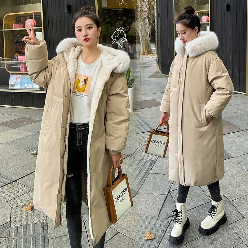 

2024 Foreign Trade Large Fur Collar Russian Down Jacket Women's Long Over-the-Knee Thickened Velvet Lamb Wool Jacket Coat