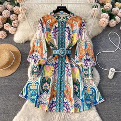 Gorgeous Flower Blooming Mini Dress Women's Stand Collar Lantern Sleeve Buttons Floral Print Lace Up Belt Holiday Beach Vestidos