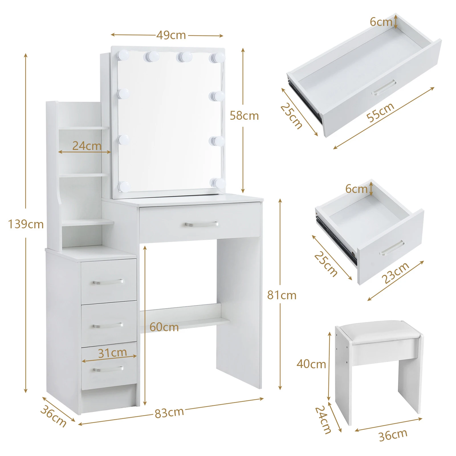 Small Vanity Desk with Mirror and Lights Wooden Makeup Vanity with Storage Drawers Women Bedroom Small Space