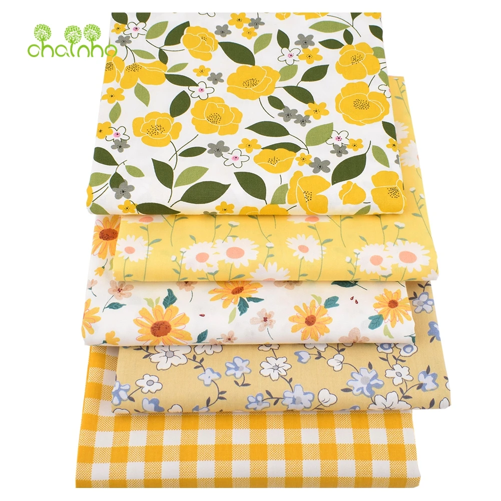 Chainho,Printed Twill Weave Cotton Fabric,Patchwork Cloth,DIY Sewing Quilting Material,New Yellow Floral,2 Specification,CC191