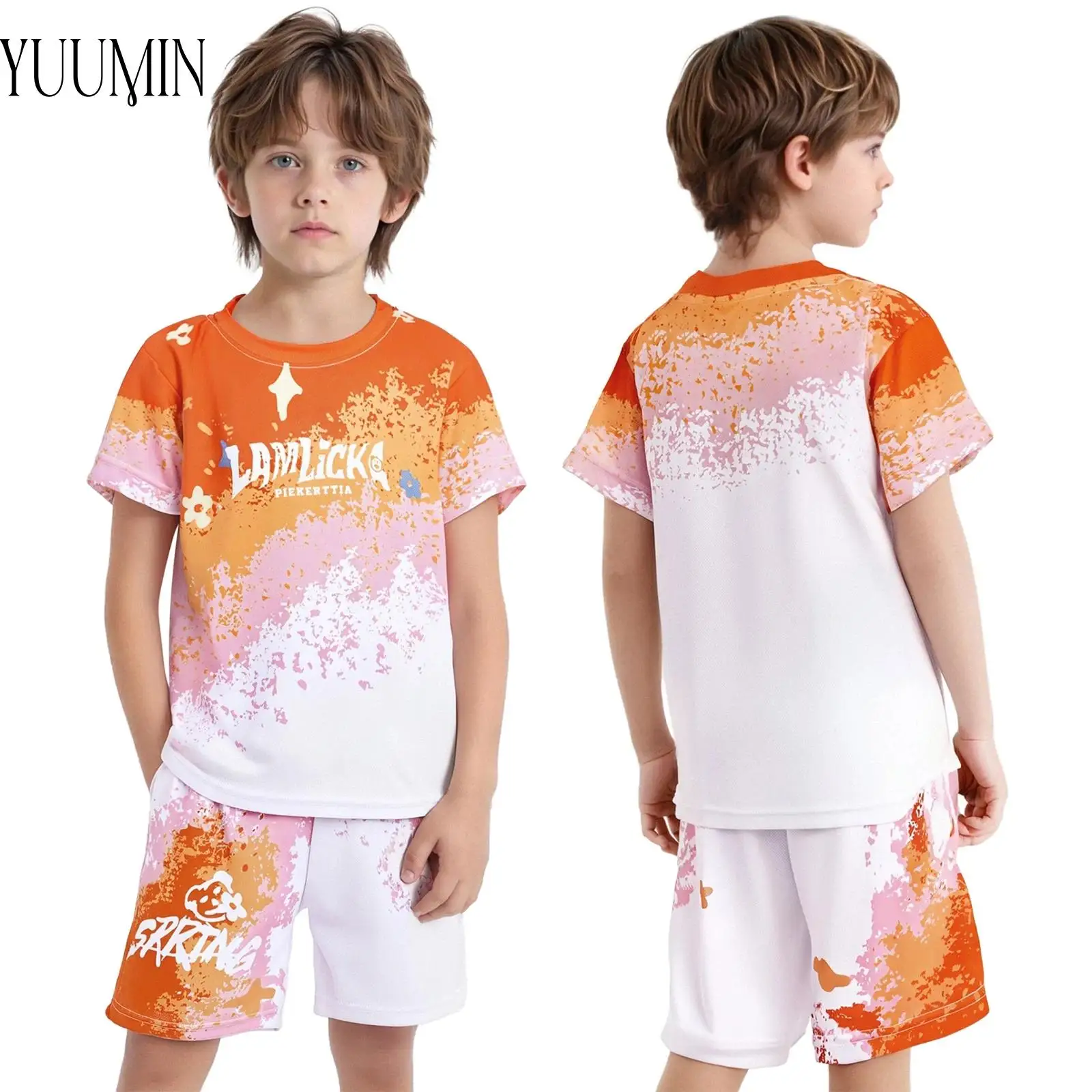 

Summer Kids Boys Fashion Gradient Stretchy Sports Set Quick-Drying Athletic Outfit Round Neck Short Sleeve T-shirt with Shorts