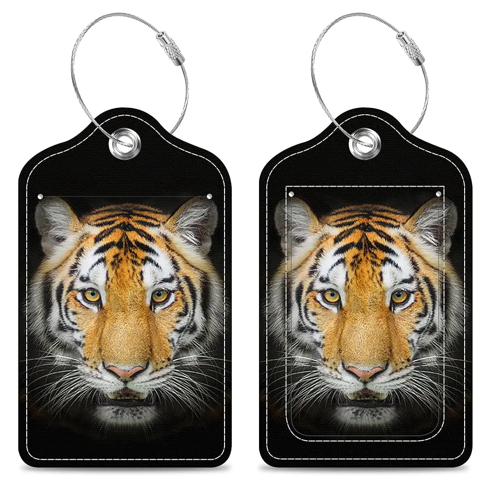 

Set of 2 Luggage Tags Tiger Face Leather Suitcases Tag with Privacy Cover Stainless Steel Loop and Address Card for Women Men